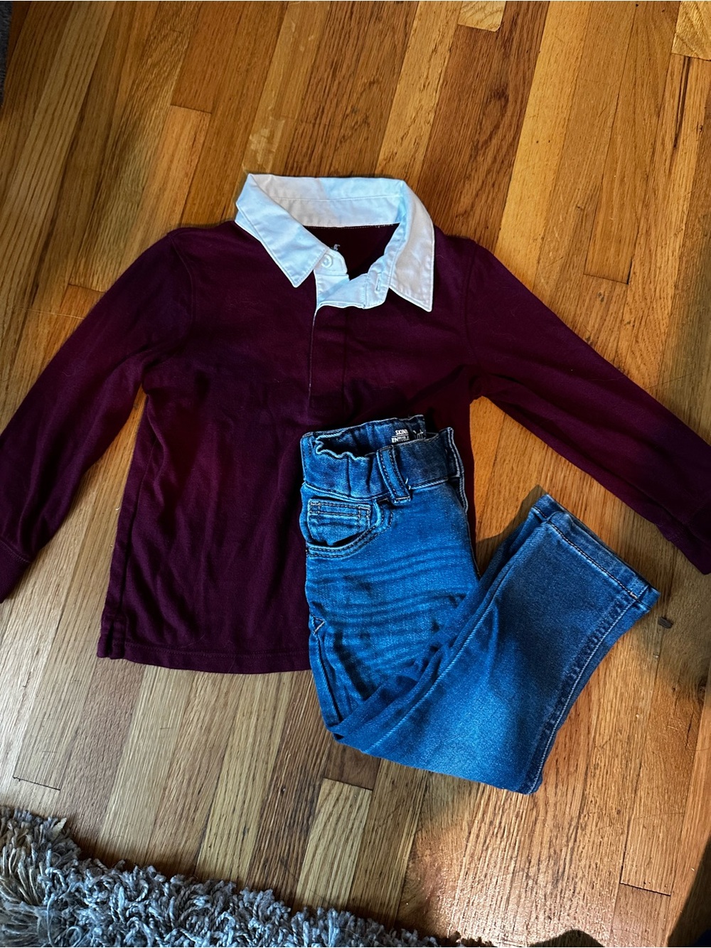 Boys Burgundy Long-Sleeve Polo Shirt with White Collar